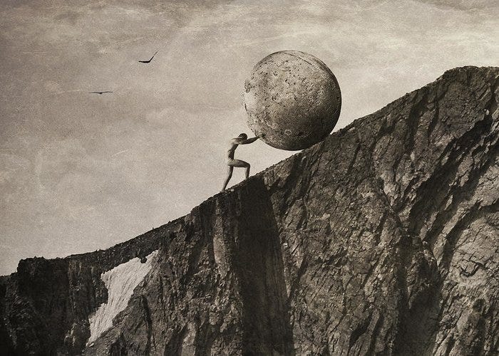 Sisyphus pushing a boulder uphill