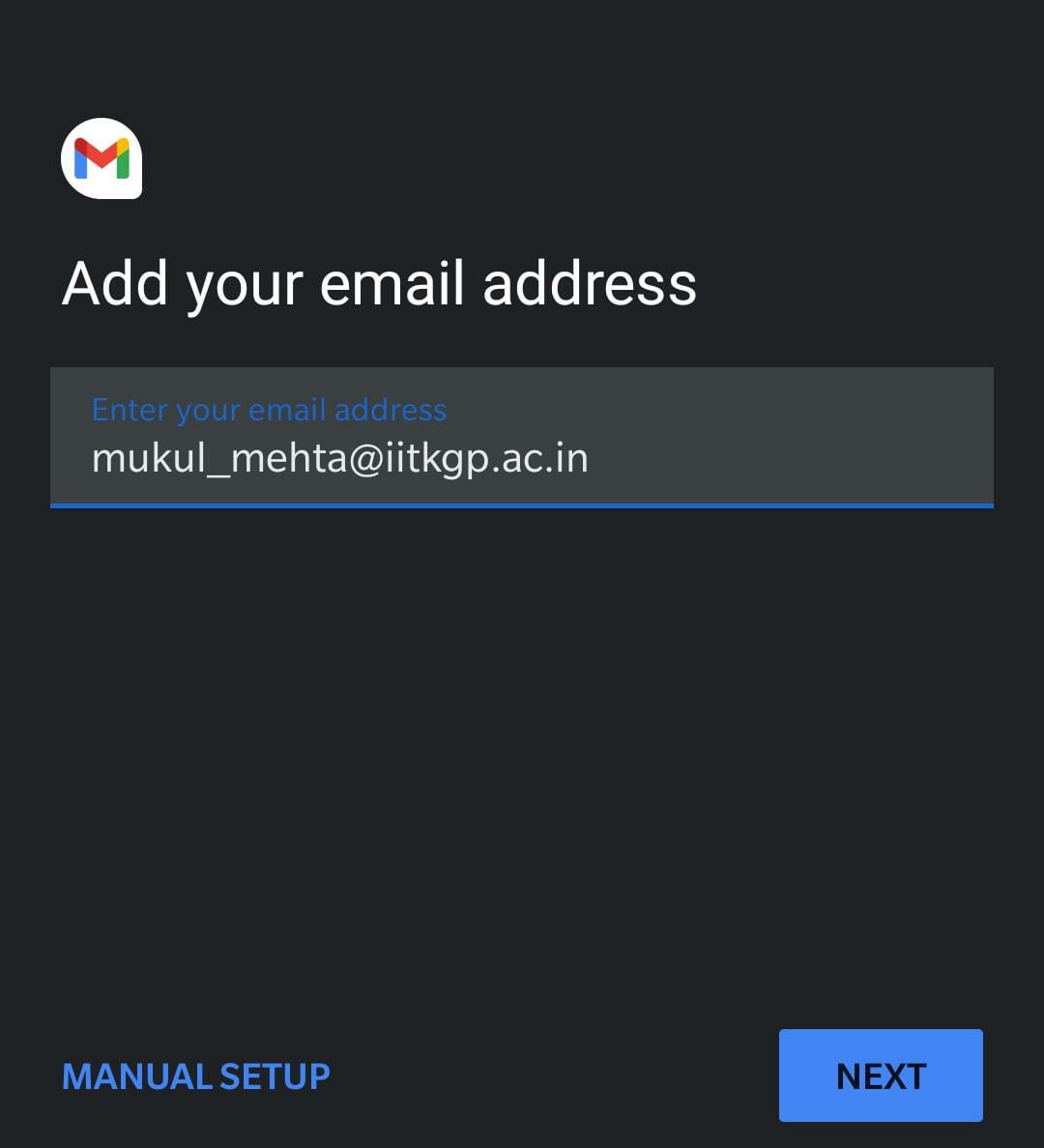 Add email ID and then manual setup